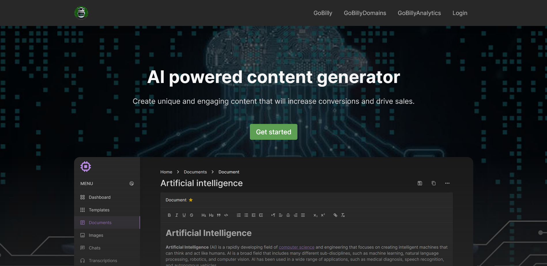 gobillyai content generator platform screenshot